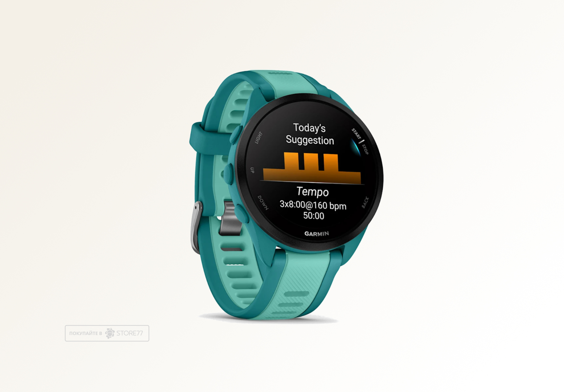 Умные часы Garmin FORERUNNER 165 Music 43 мм, корпус: зеленый (Turquoise), с бирюзовым силиконовым ремешком (Aqua)
