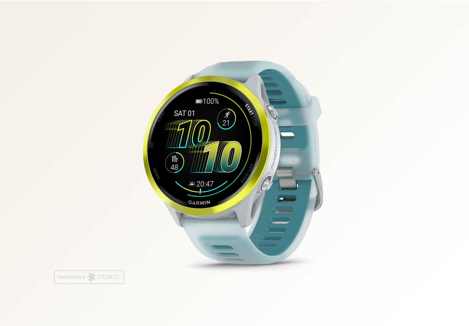 Умные часы Garmin FORERUNNER 570 47 мм, корпус: ярко-желтый (Amp Yellow), с бирюзовым силиконовым ремешком