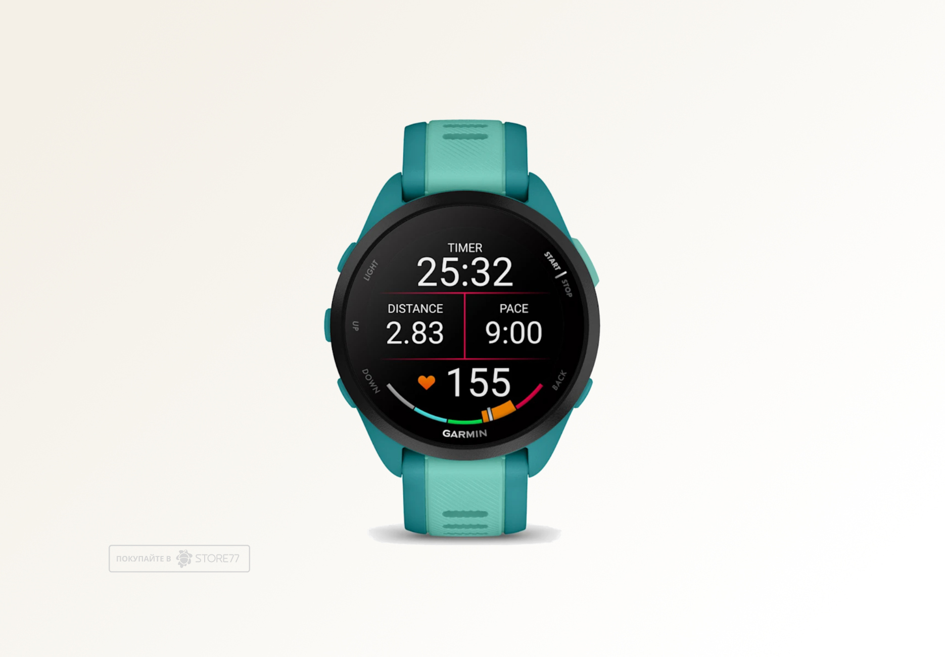 Умные часы Garmin FORERUNNER 165 Music 43 мм, корпус: зеленый (Turquoise), с бирюзовым силиконовым ремешком (Aqua)